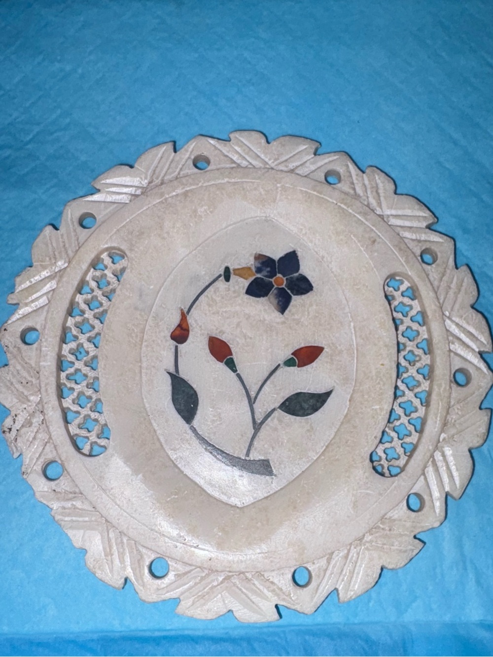 Handcrafted Stone Inlay Floral Tray - Ivory with Multicolor Flower